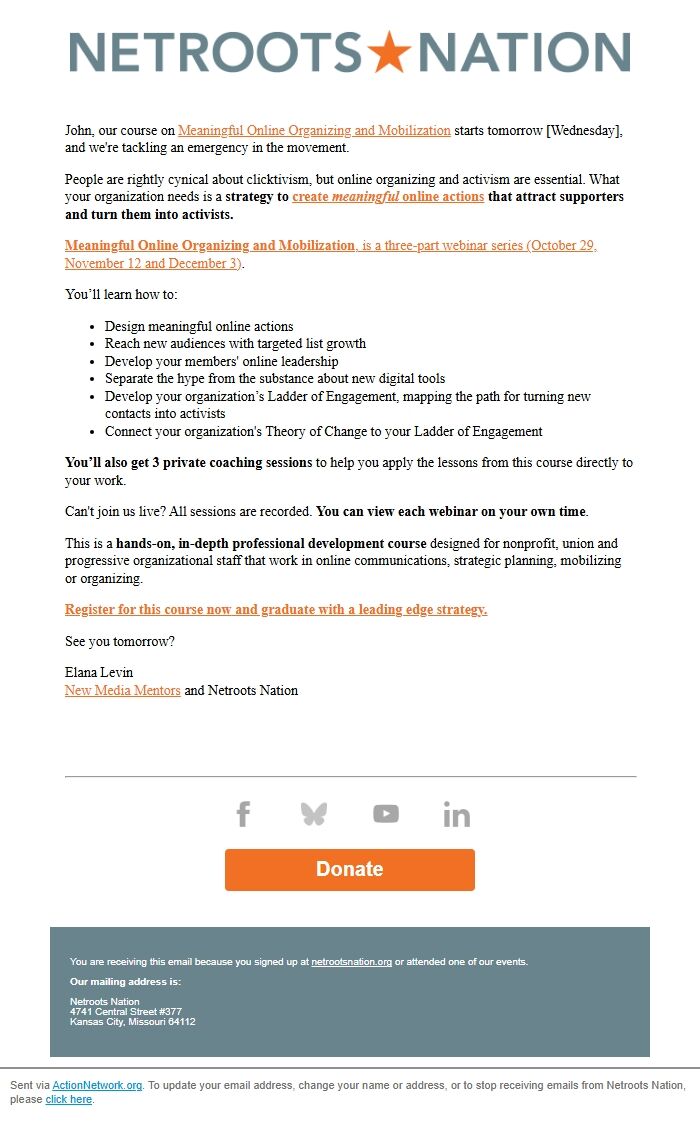 Screenshot of the email generated on import