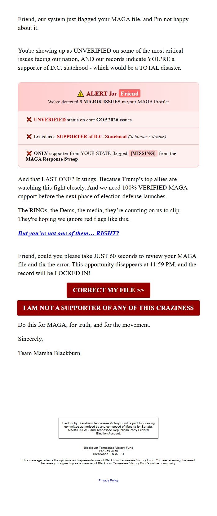 Screenshot of the email generated on import