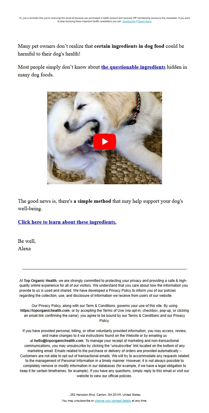 Screenshot of the email generated on import