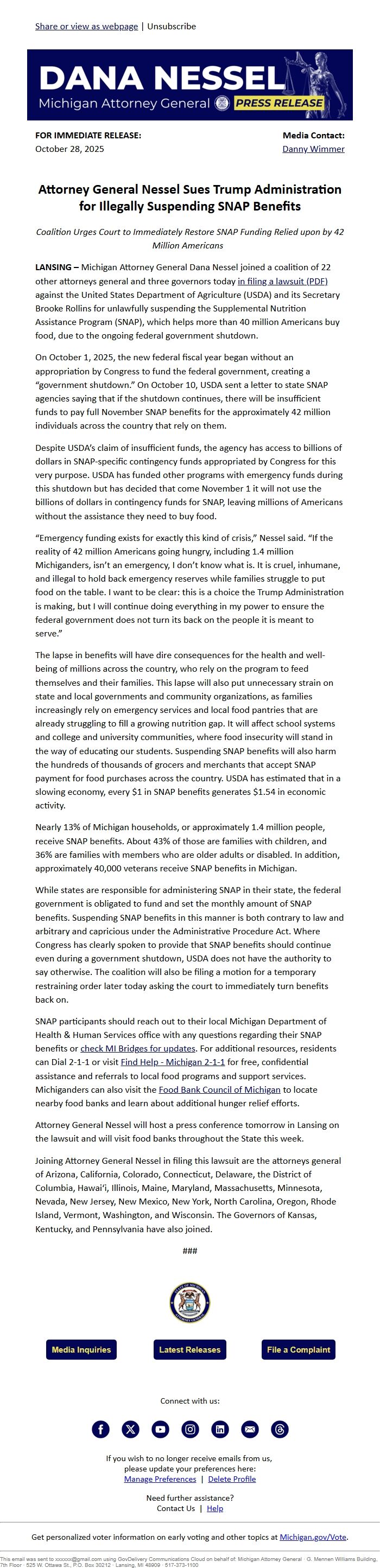 Screenshot of the email generated on import