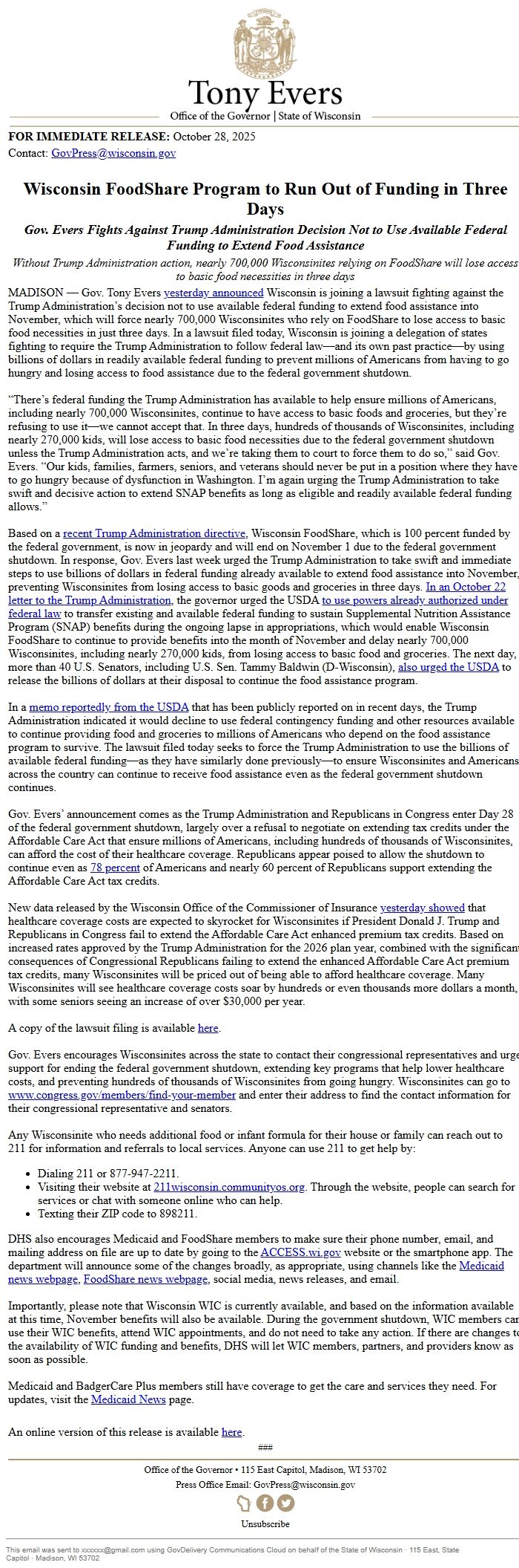 Screenshot of the email generated on import