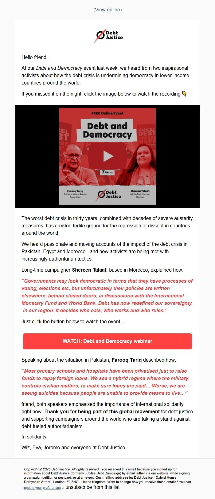 Screenshot of the email generated on import