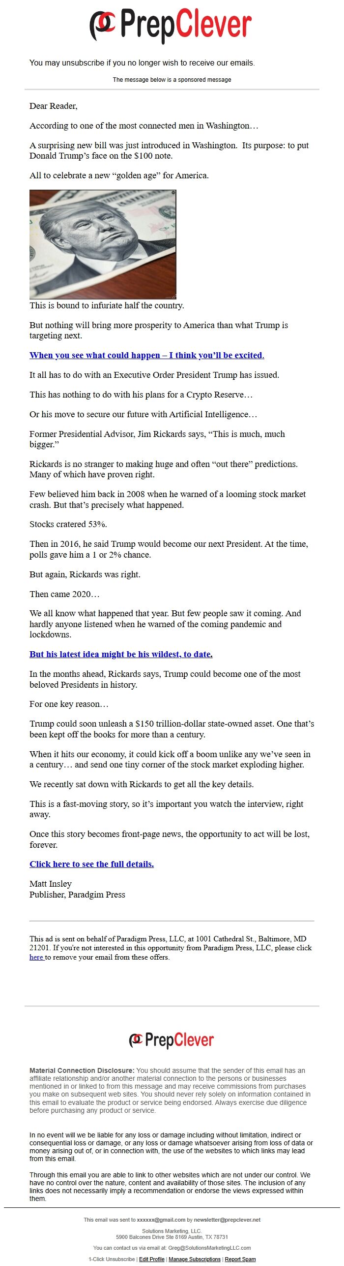 Screenshot of the email generated on import