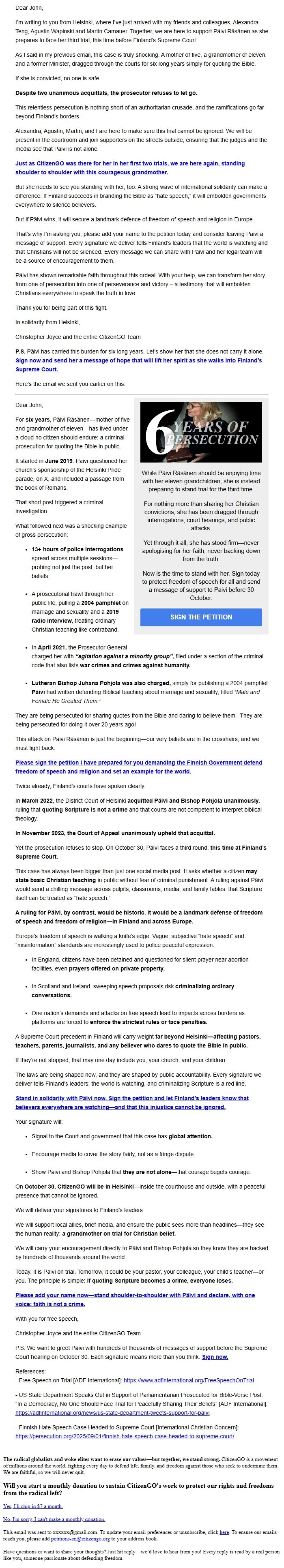 Screenshot of the email generated on import