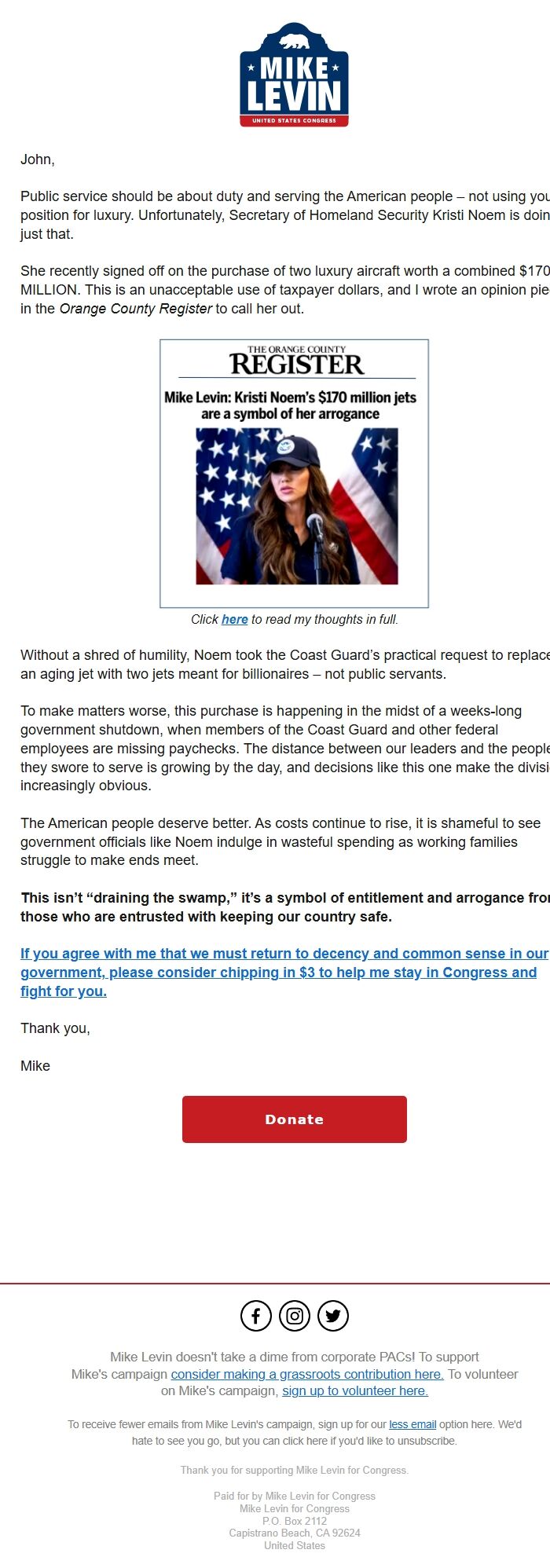 Screenshot of the email generated on import