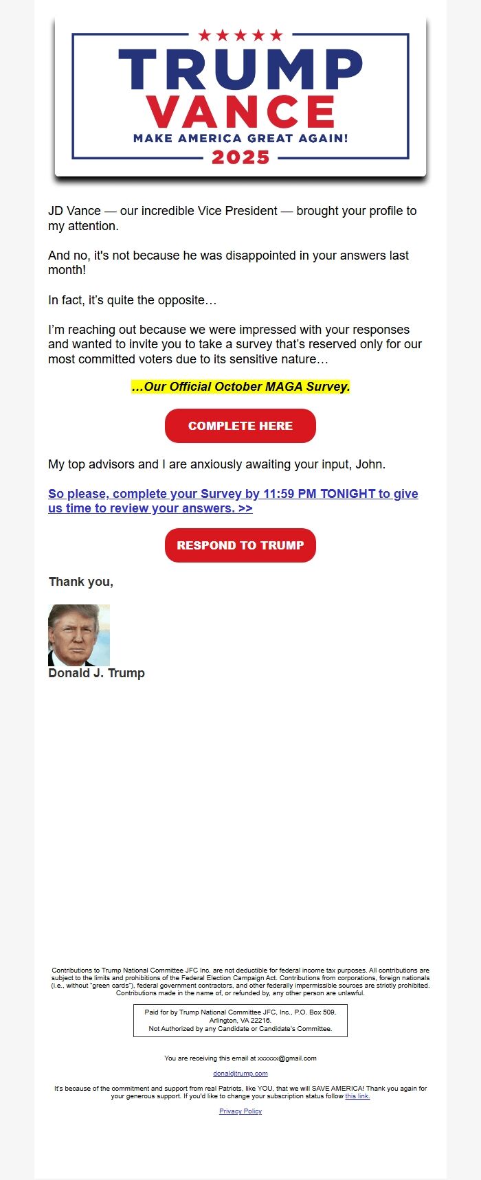 Screenshot of the email generated on import