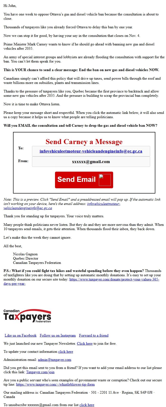 Screenshot of the email generated on import