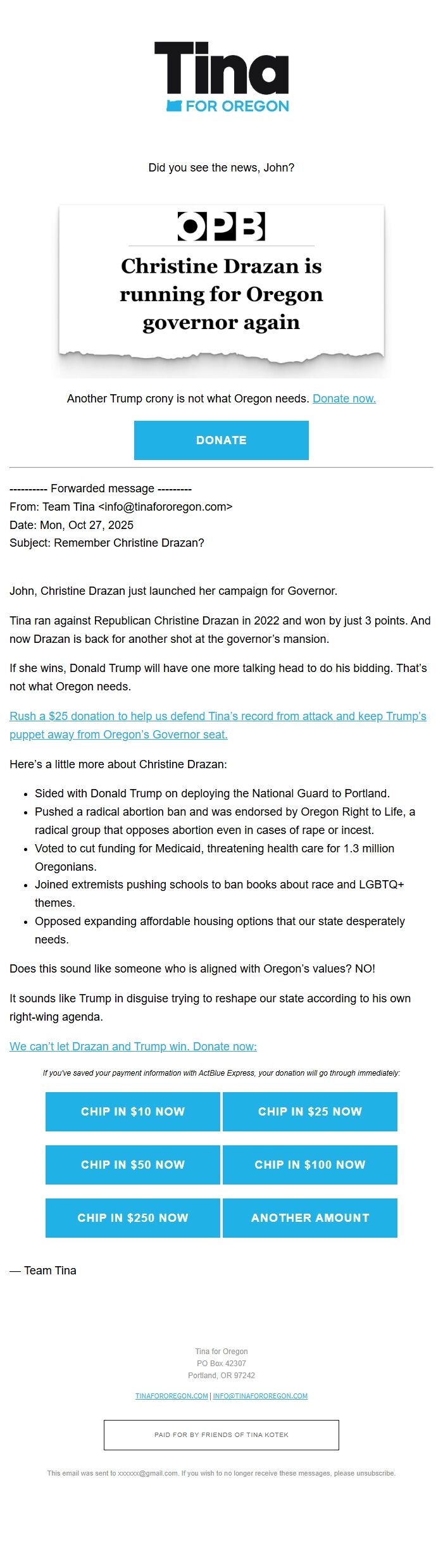 Screenshot of the email generated on import