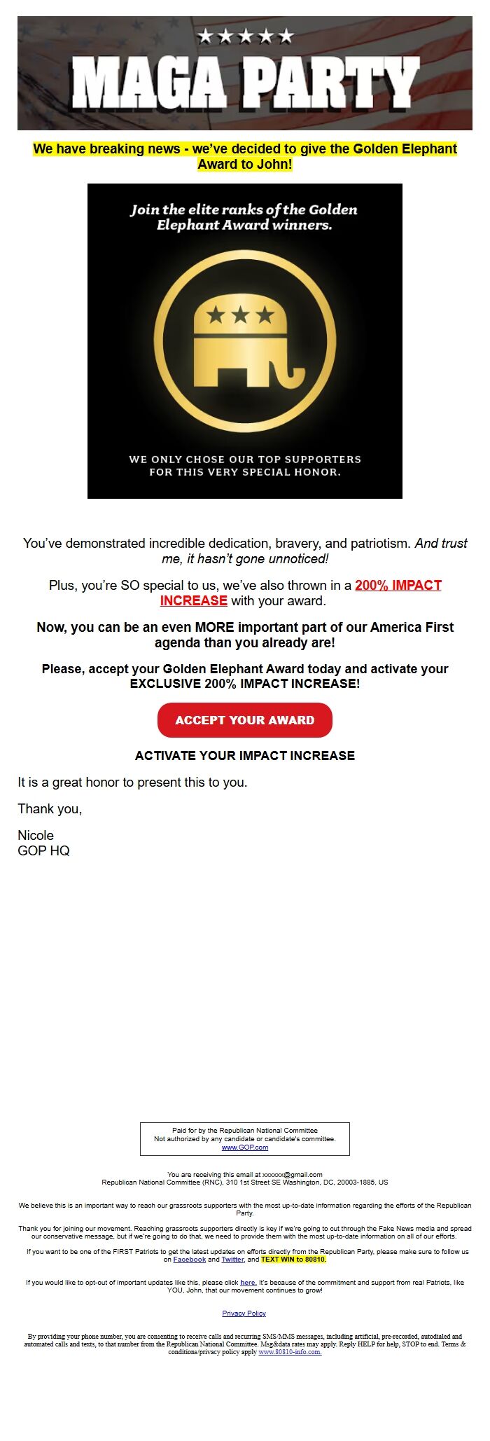 Screenshot of the email generated on import