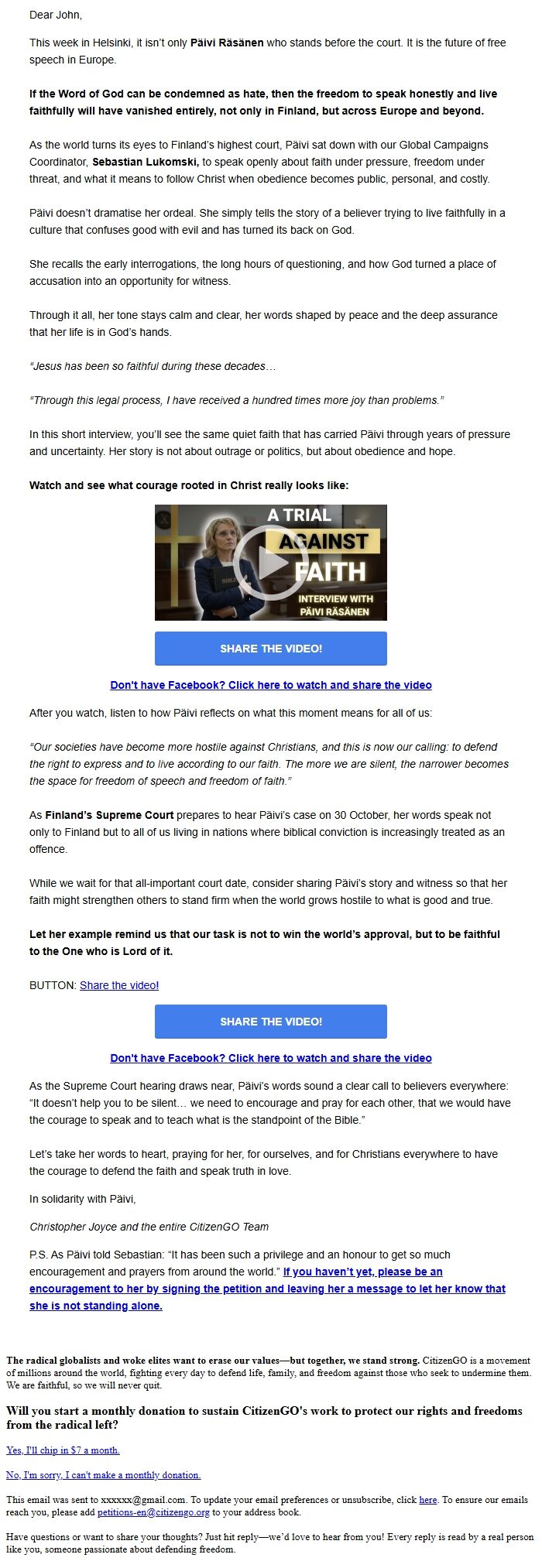 Screenshot of the email generated on import