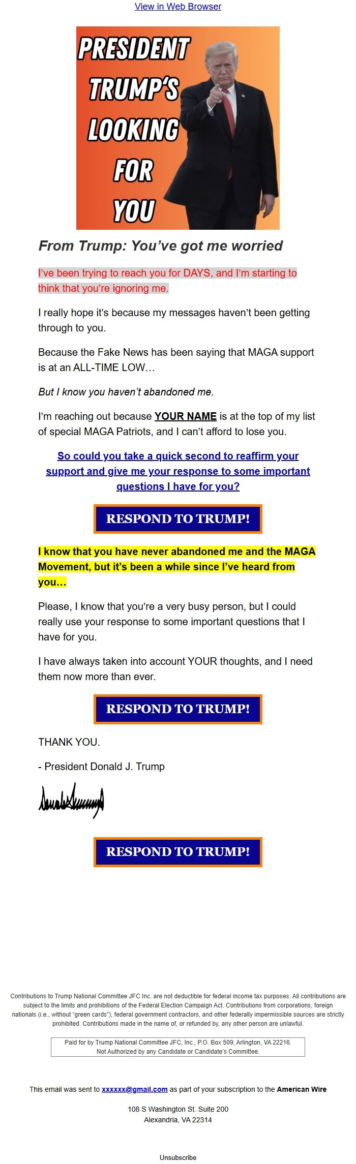 Screenshot of the email generated on import