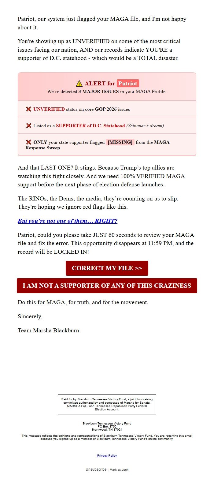 Screenshot of the email generated on import