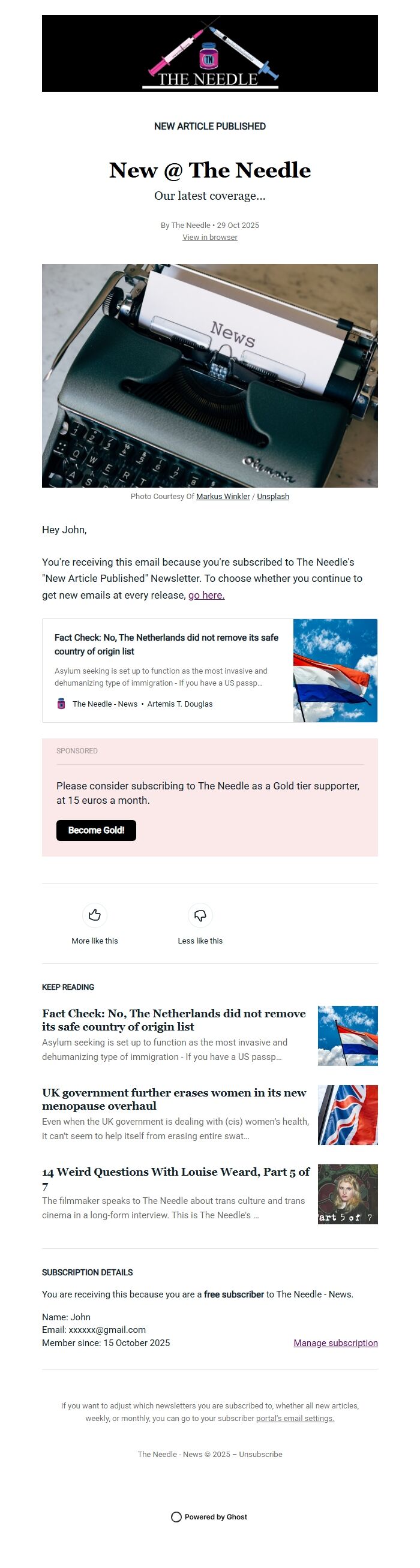 Screenshot of the email generated on import