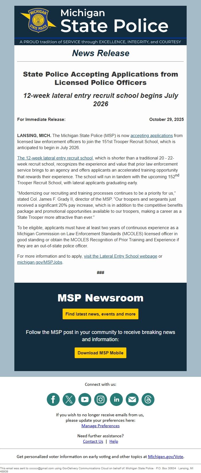 Screenshot of the email generated on import