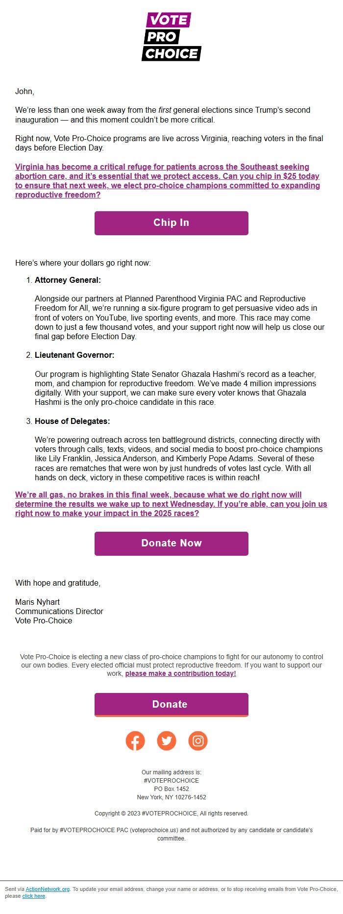 Screenshot of the email generated on import