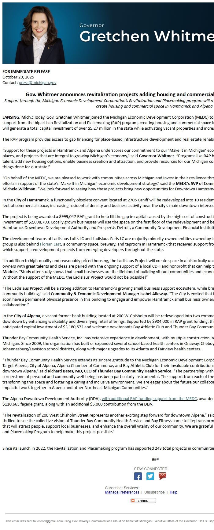 Screenshot of the email generated on import