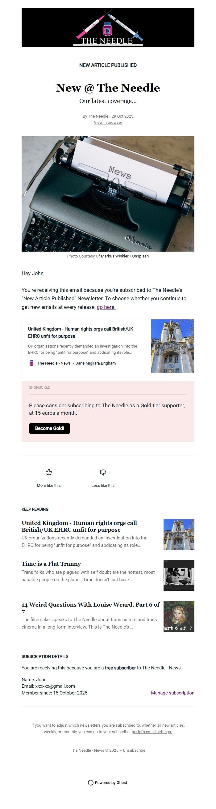 Screenshot of the email generated on import