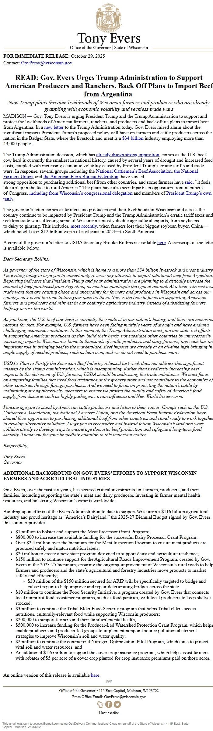 Screenshot of the email generated on import