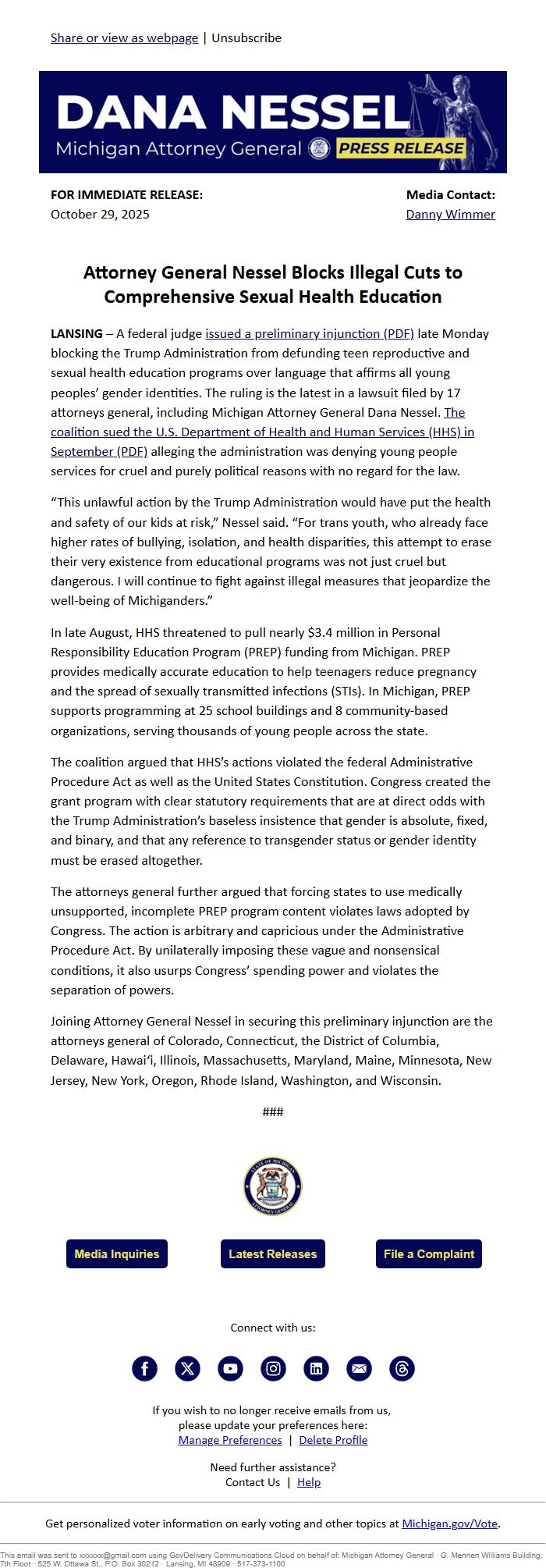 Screenshot of the email generated on import