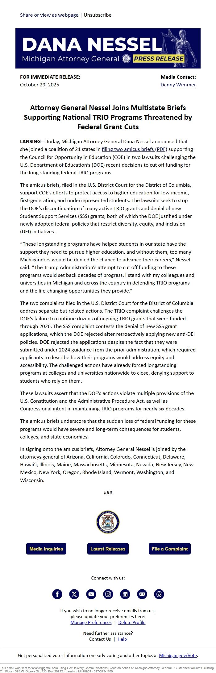 Screenshot of the email generated on import