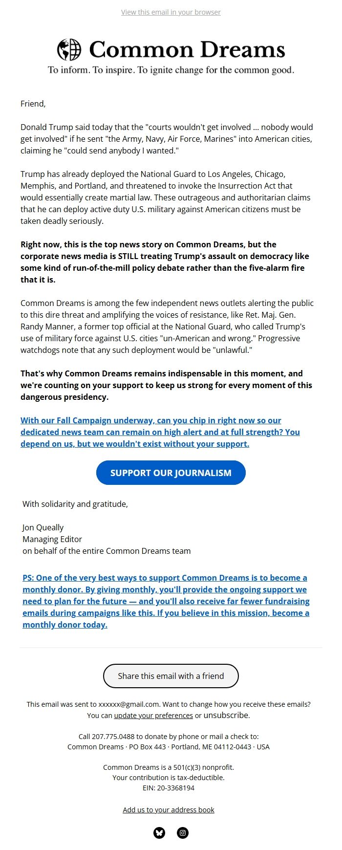 Screenshot of the email generated on import