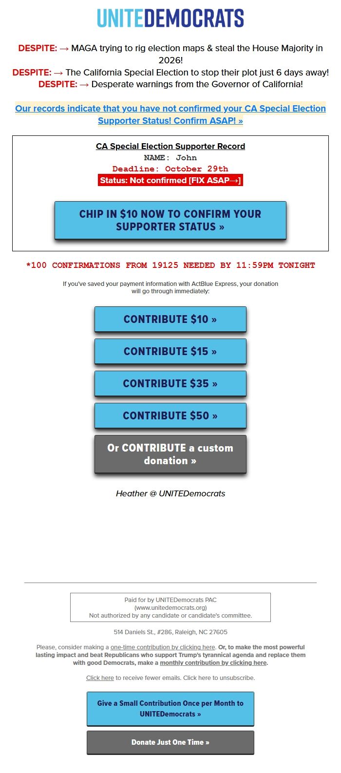 Screenshot of the email generated on import