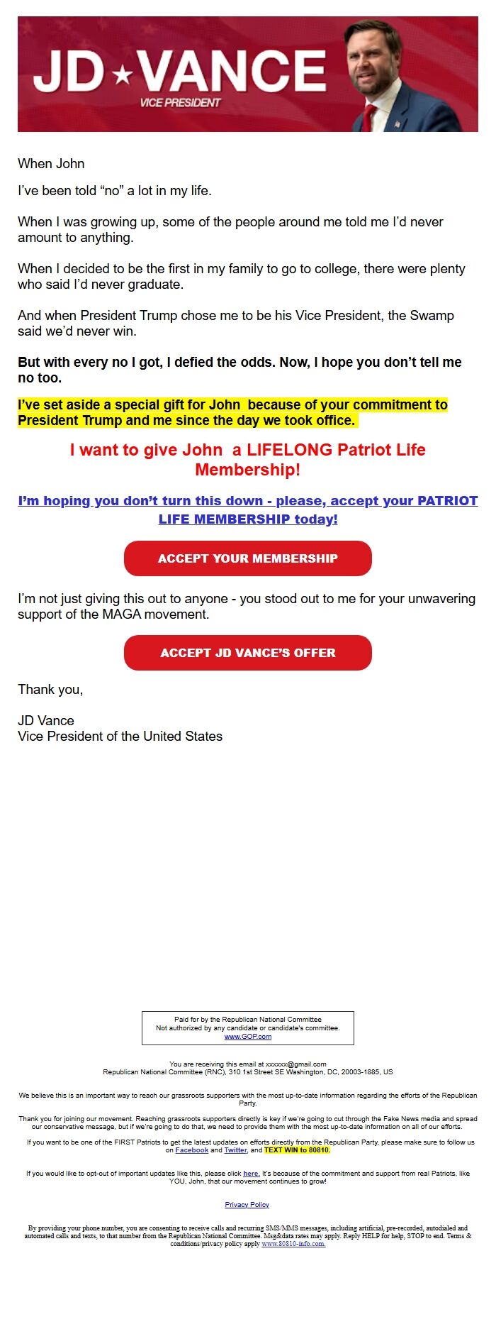 Screenshot of the email generated on import