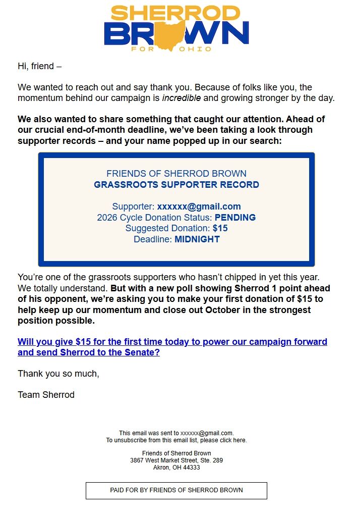 Screenshot of the email generated on import