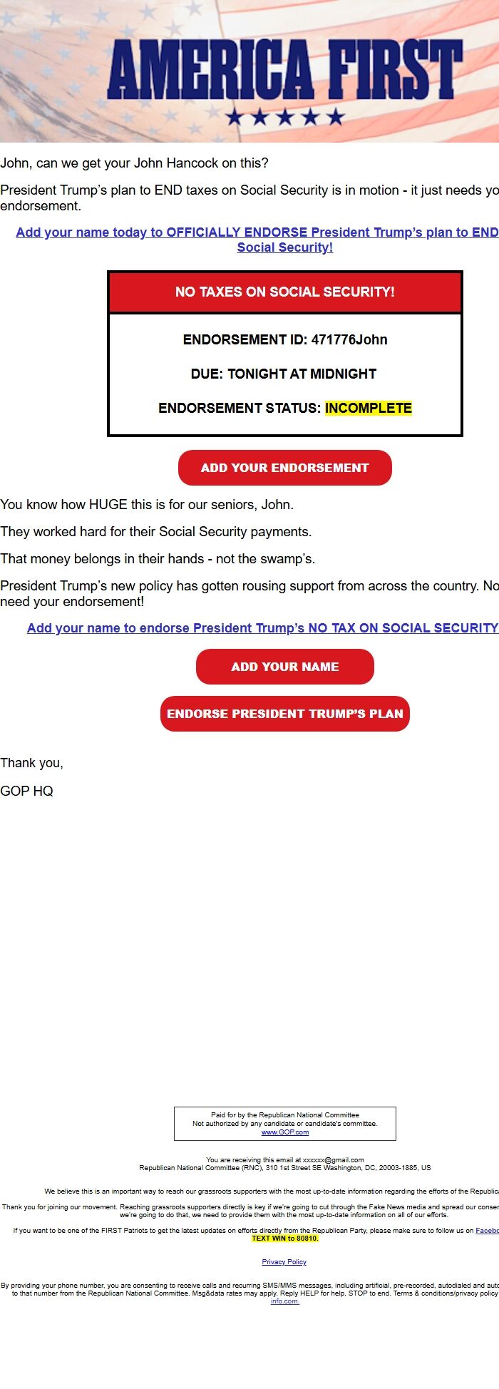 Screenshot of the email generated on import