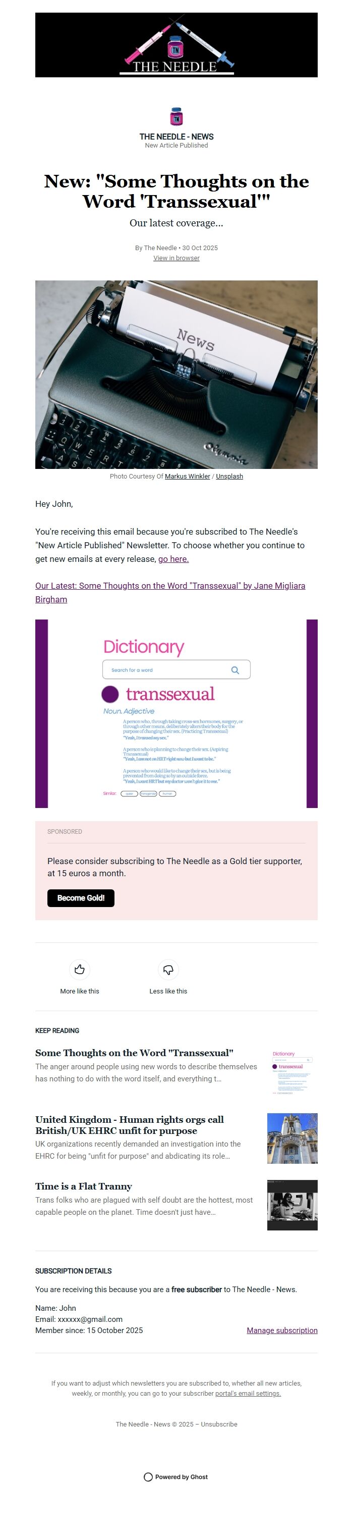 Screenshot of the email generated on import