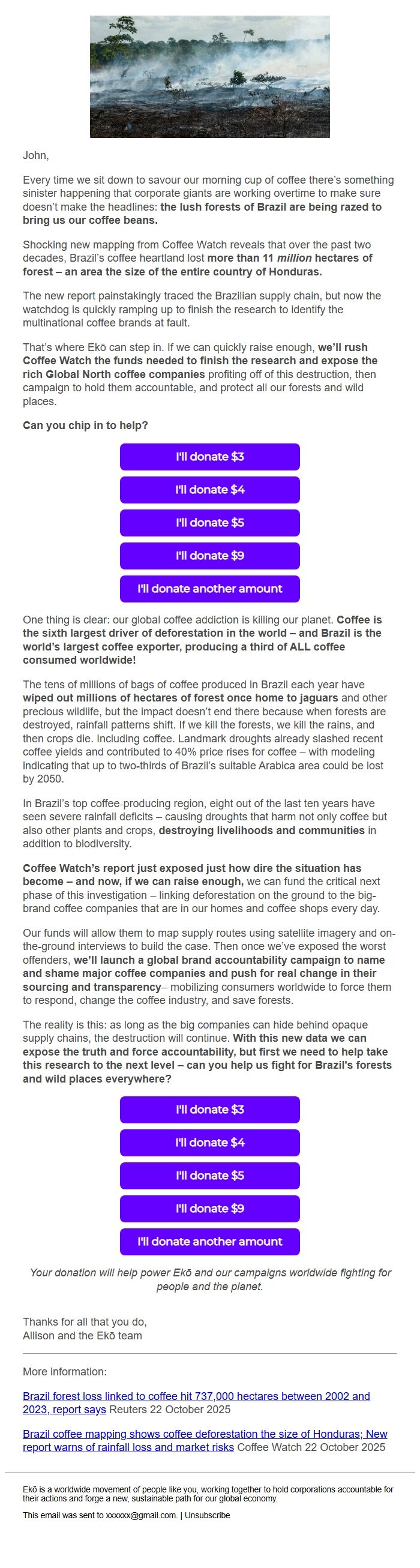 Screenshot of the email generated on import