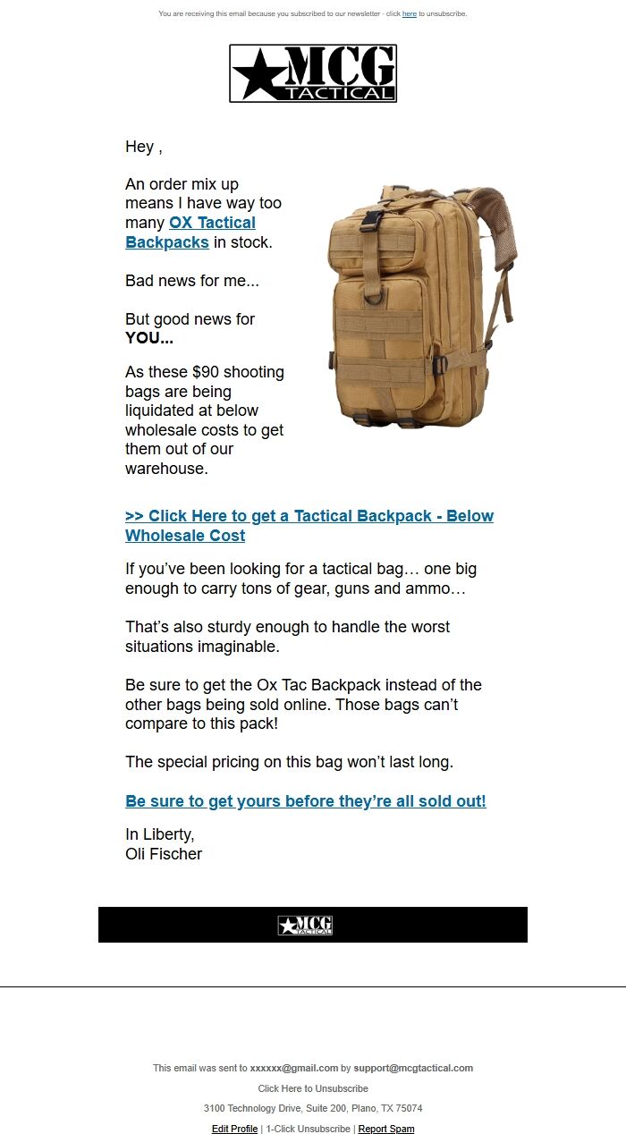 Screenshot of the email generated on import