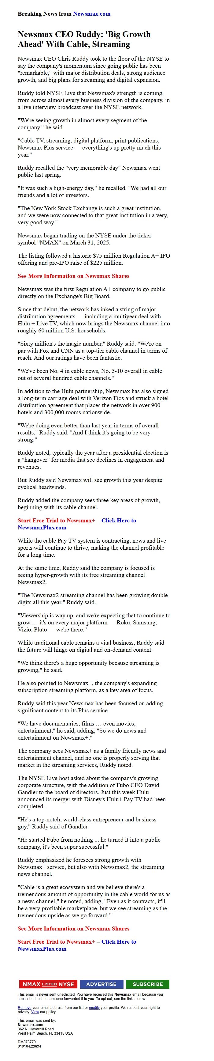 Screenshot of the email generated on import