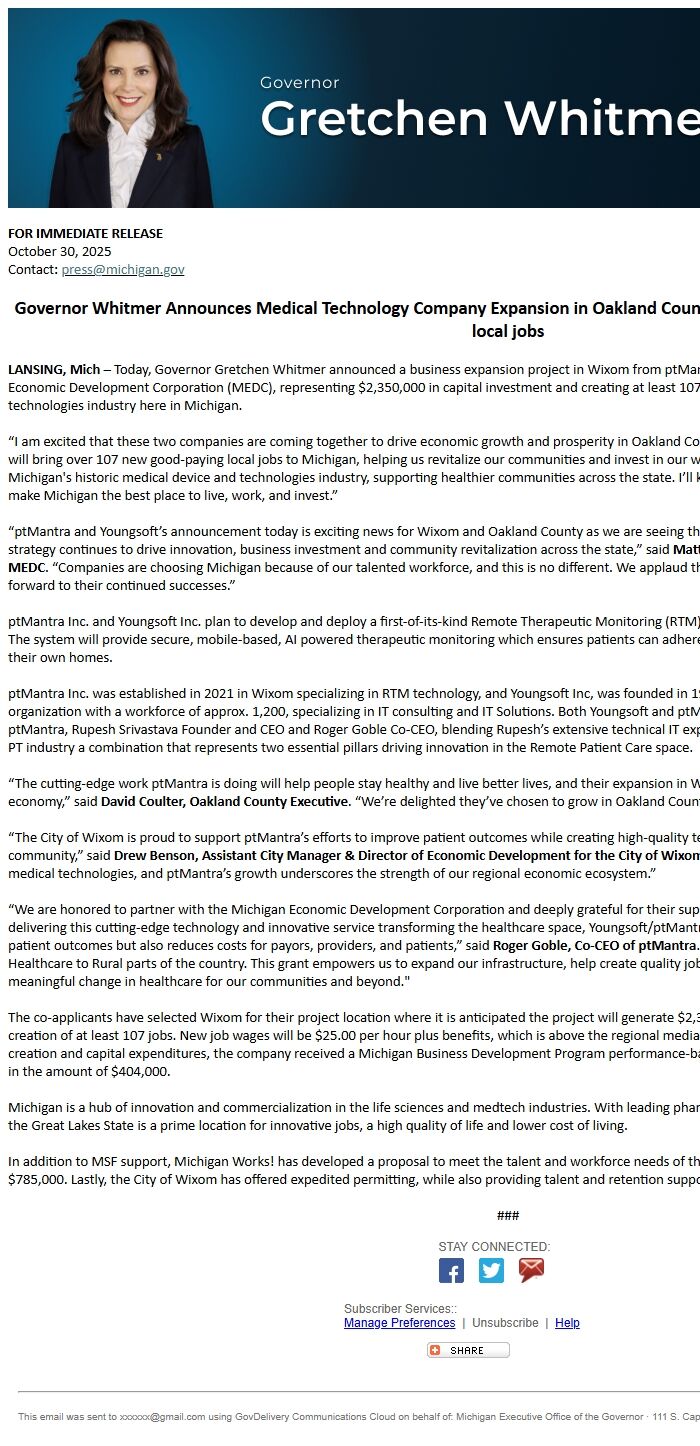 Screenshot of the email generated on import