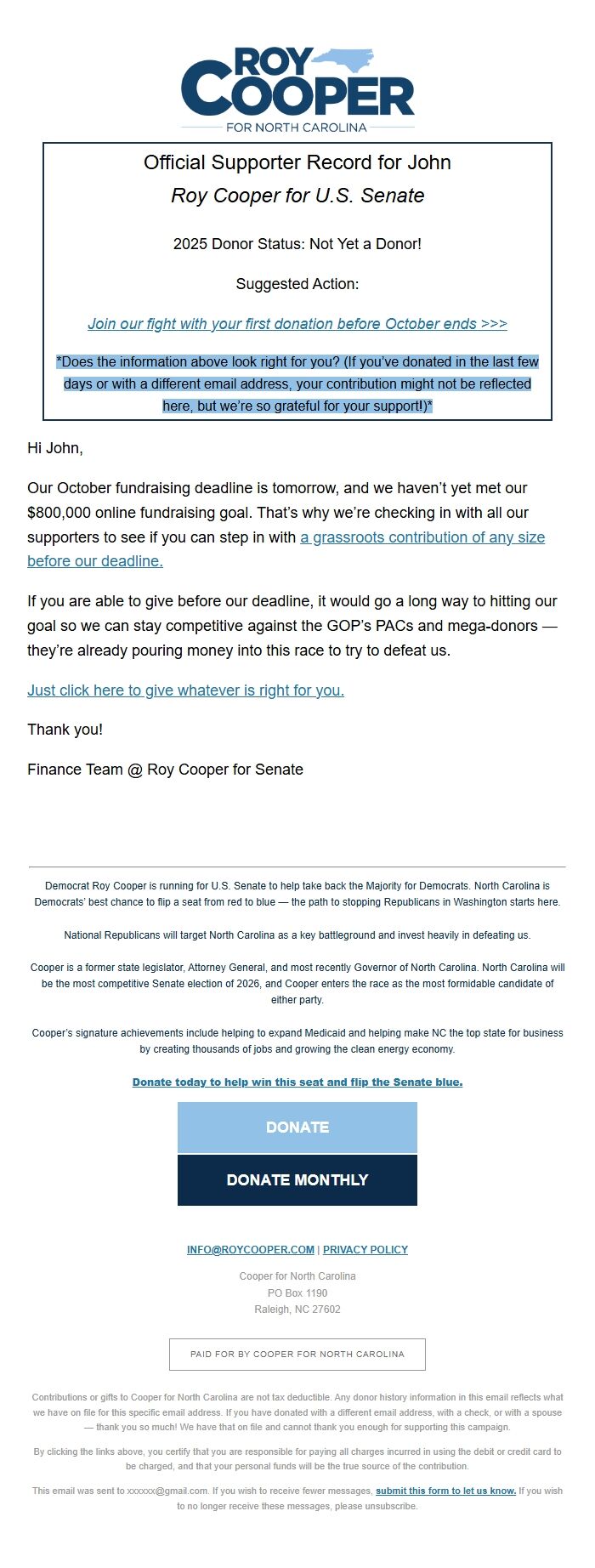 Screenshot of the email generated on import