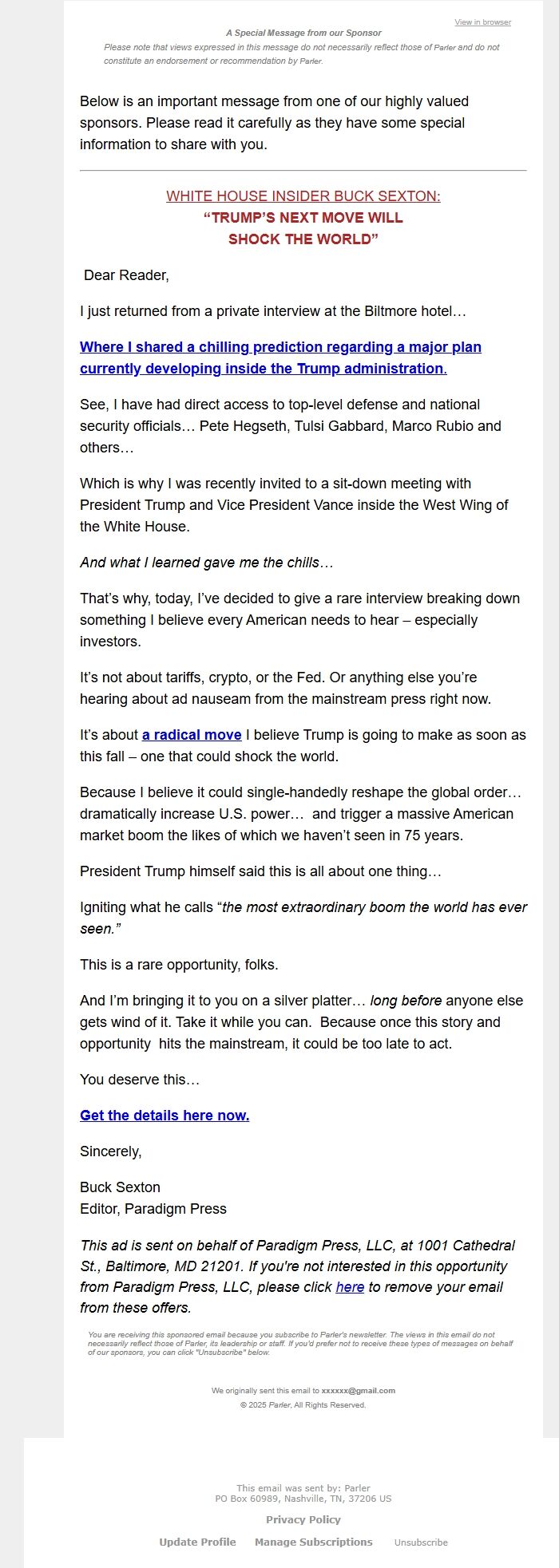 Screenshot of the email generated on import