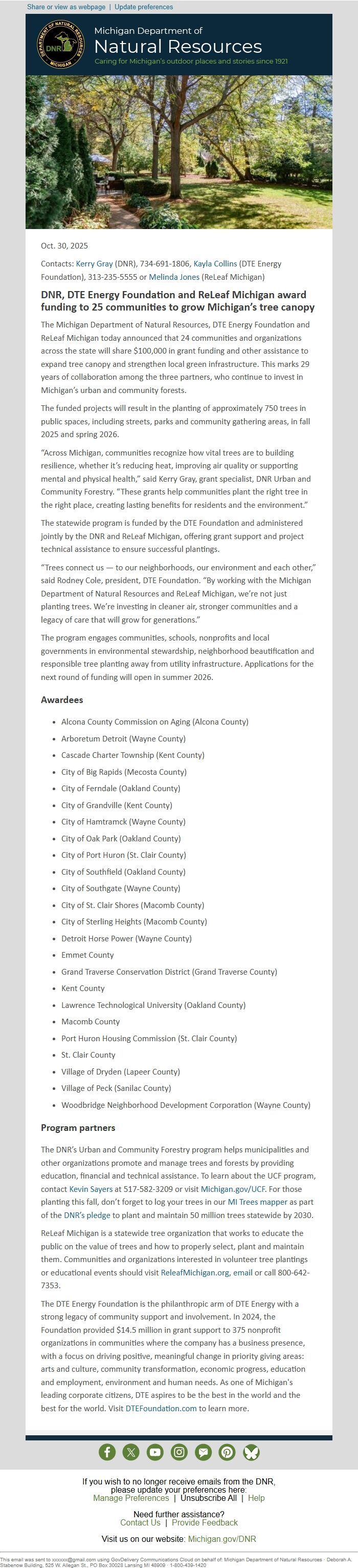 Screenshot of the email generated on import