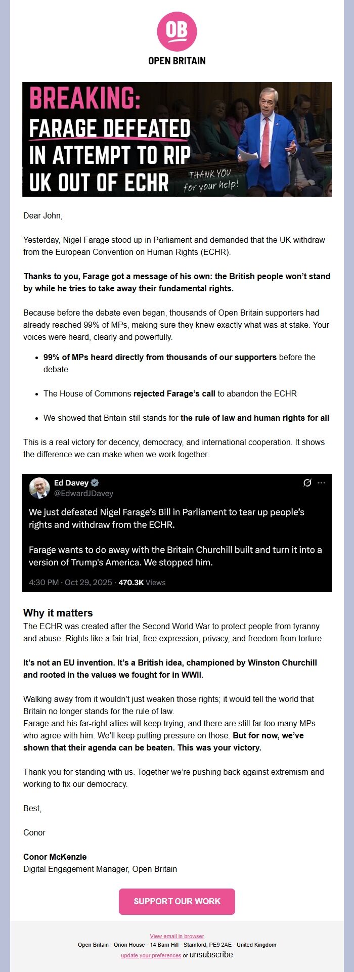 Screenshot of the email generated on import