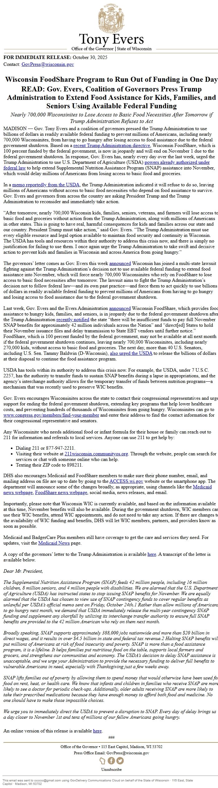 Screenshot of the email generated on import