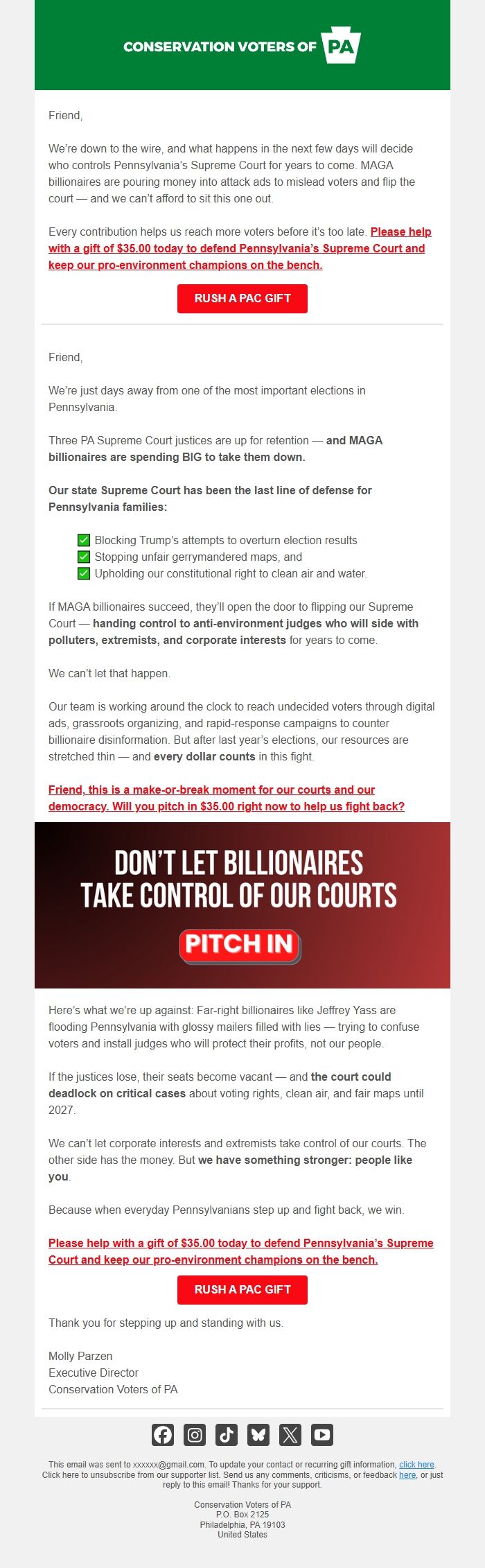 Screenshot of the email generated on import