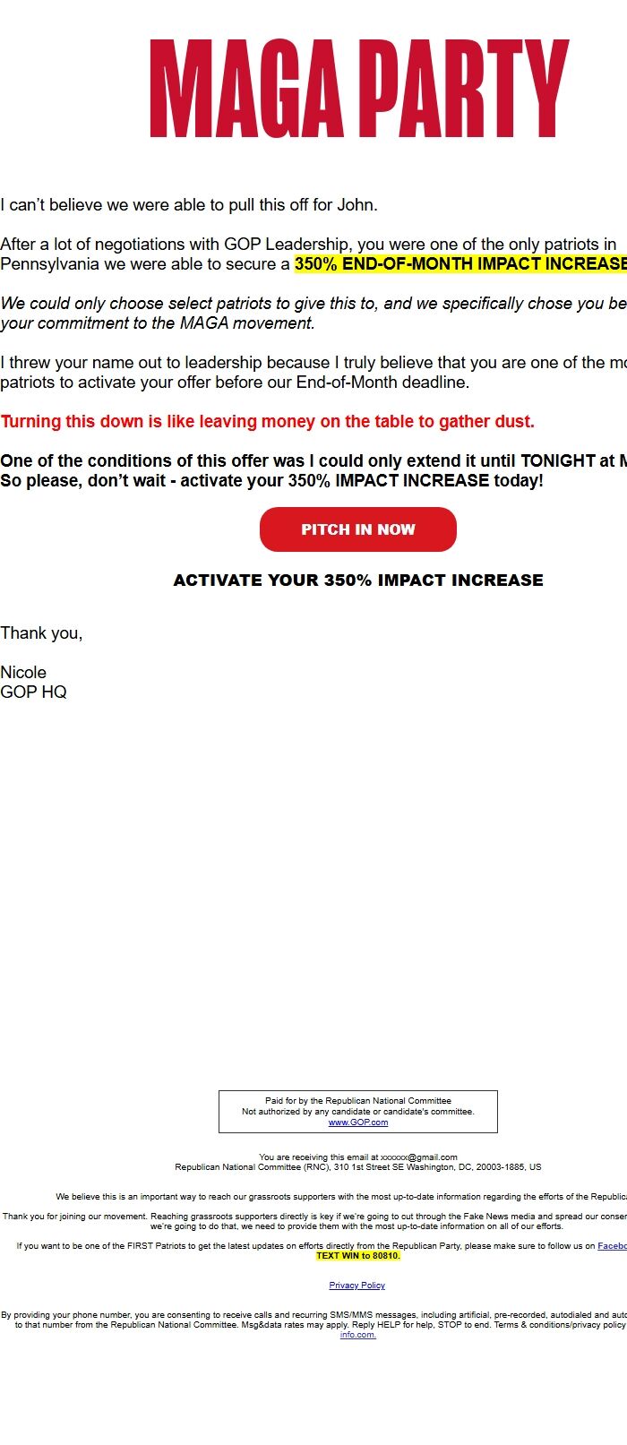 Screenshot of the email generated on import