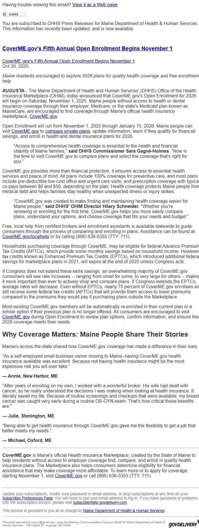 Screenshot of the email generated on import