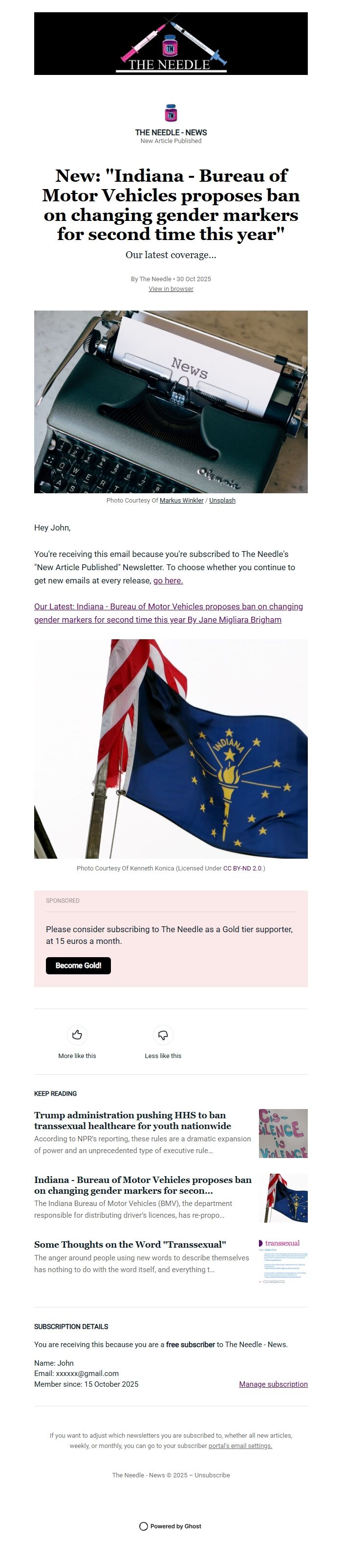 Screenshot of the email generated on import