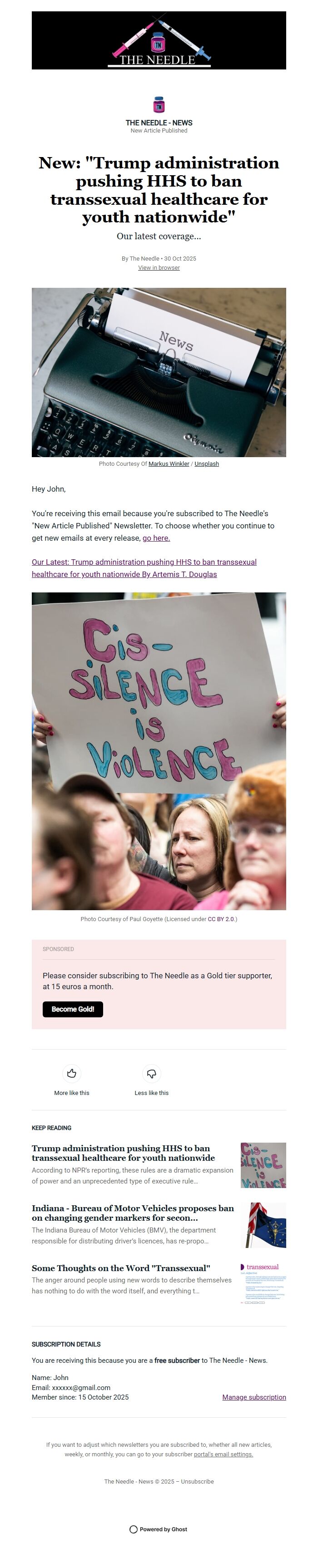 Screenshot of the email generated on import