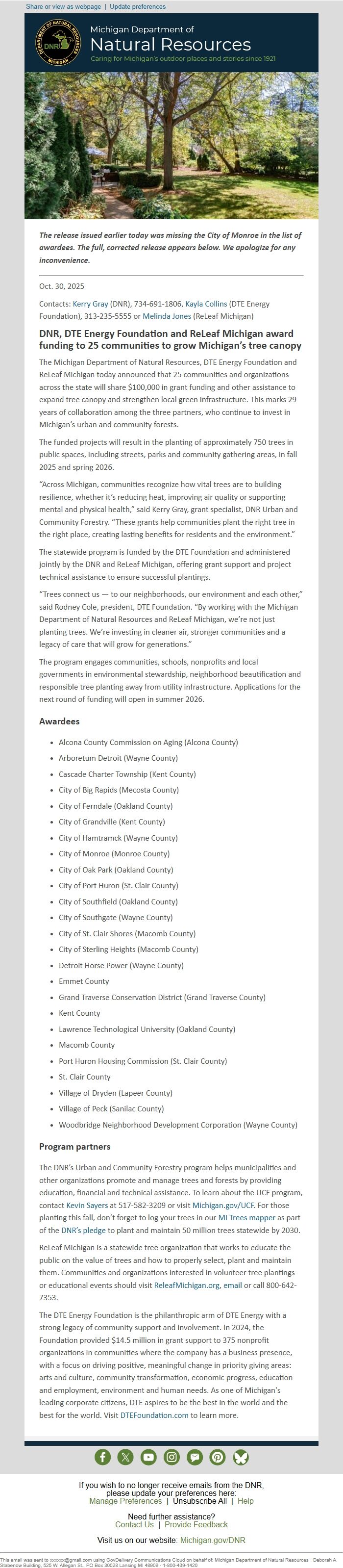 Screenshot of the email generated on import