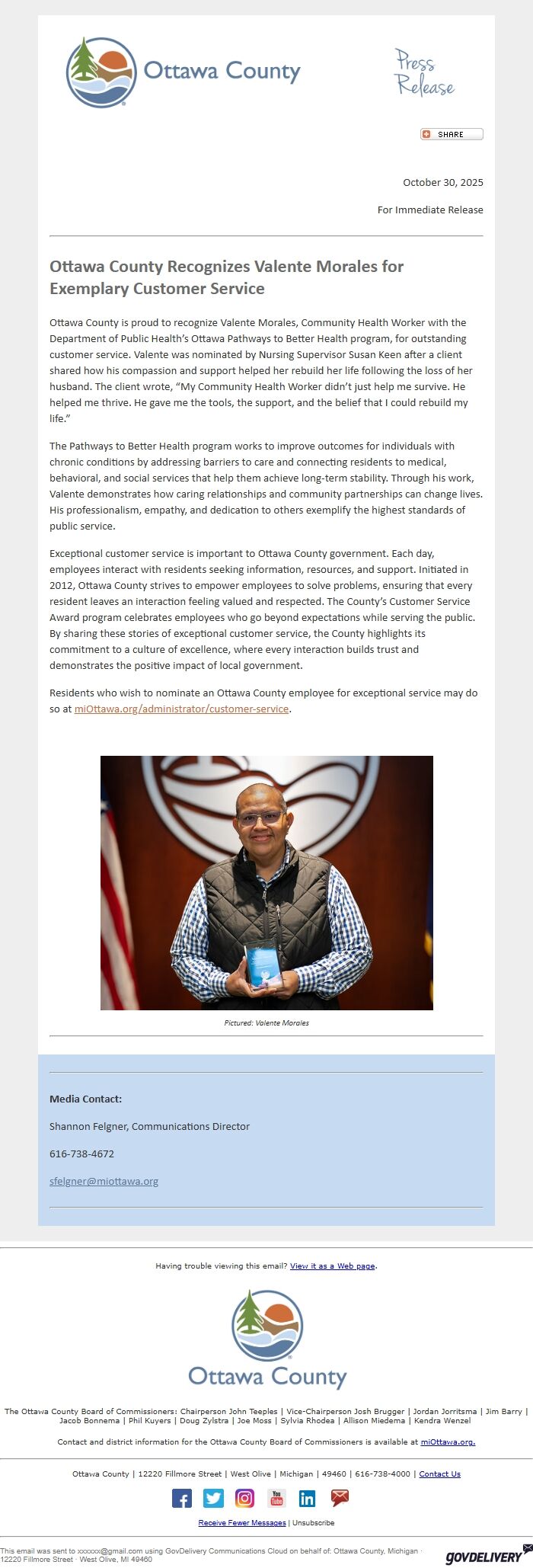 Screenshot of the email generated on import