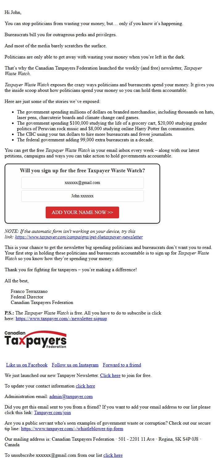 Screenshot of the email generated on import