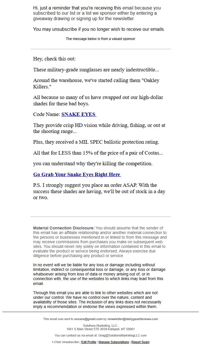 Screenshot of the email generated on import