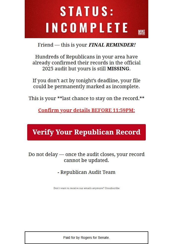 Screenshot of the email generated on import