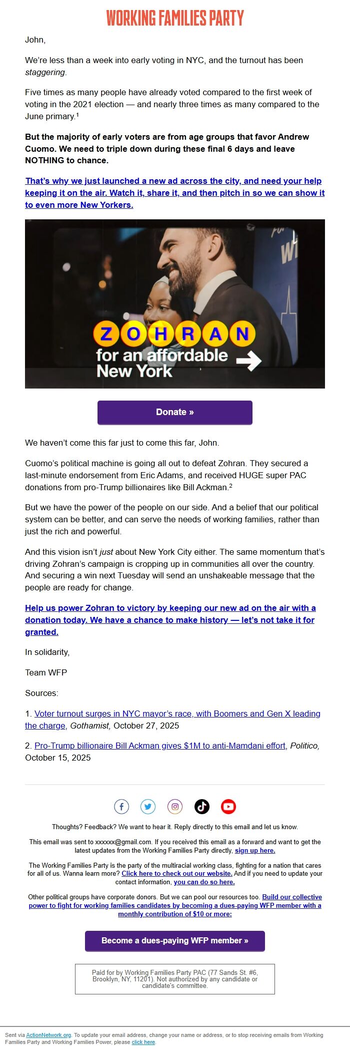 Screenshot of the email generated on import